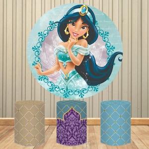 Cartoon Photo Round Backdrop Girls Jasmine Princess Happy Birthday Party Circle Cover Decoration Photography Backgrounds Cylinders Covers