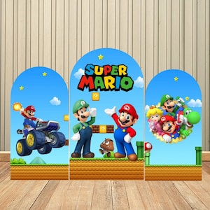 Fondo de pared con arco de doble cara de Super Mario Bros. para recién nacidos, baby shower, fiesta de cumpleaños, decoración de pared