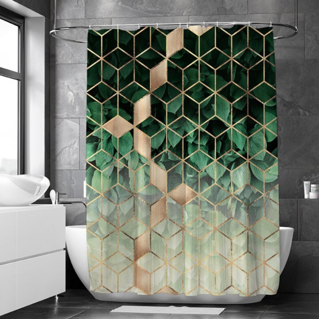 Waterproof Changing Curtain Green Gradual Change Geometric Shower Curtain With Hooks Art Bathroom ...