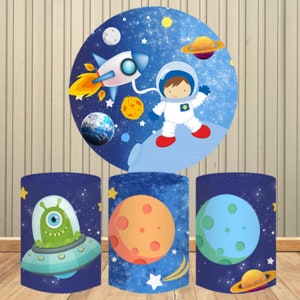 Astronauta dos desenhos animados espaço redondo pano de fundo capa balões estrelas meninos chuveiro do bebê festa aniversário círculo fundo elástico