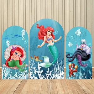 Fondo de pared con cubierta de arco de cumpleaños del mundo submarino de sirena de dibujos animados para niños, Baby Shower, fiesta de cumpleaños, suministros de decoración de pared