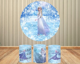 Elasticity Circle Backdrop Birthday Banner for Girl Frozen Elsa Princess Party Baby Shower Ice Snow Castle Round Background Cylinders