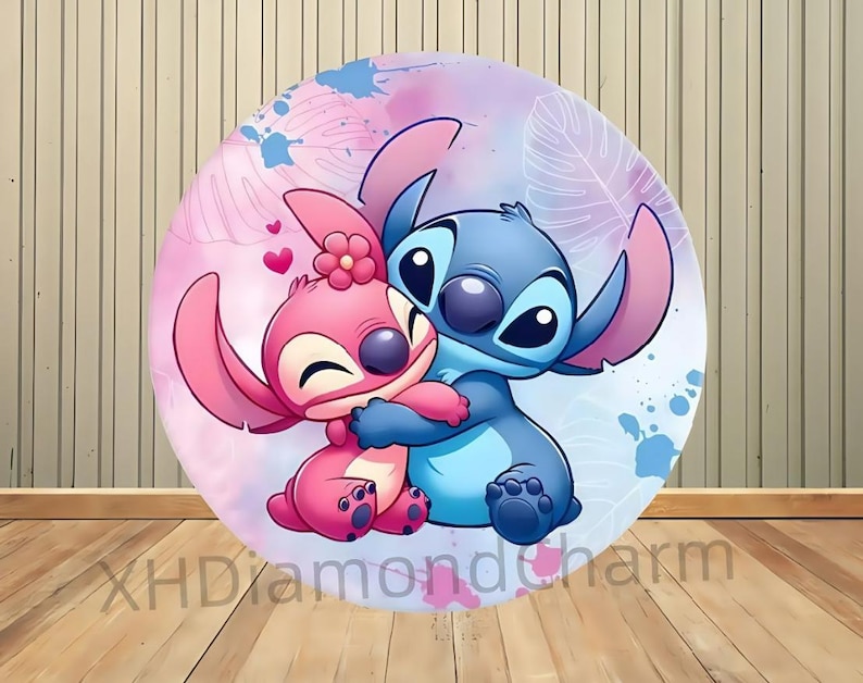 May include: A round graphic featuring the characters Stitch and Angel from Lilo & Stitch. Stitch, in blue, hugs Angel, who is pink, against a pastel background with hearts and splashes. The text "XHDiamondcharm" is at the bottom.