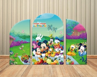Cartoon Mickey Mouse Clubhouse Arch Cover Chiara Backdrop for Kids Birthday Party Decor Supplies Happy 1st Birthday Background