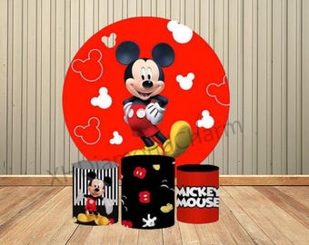 Fondo redondo de dibujos animados de Mickey Mouse para cumpleaños, decoración para fiesta de niños, baby shower, círculo rojo y cubiertas cilíndricas, fondo fotográfico