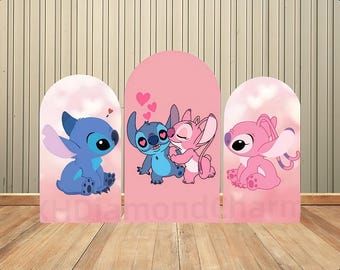 Fondo de arco de doble cara con dibujos animados de Lilo y Stitch para cumpleaños, foto de fondo personalizada, fondo para baby shower, fiesta de cumpleaños, decoración, suministros y accesorios