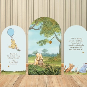 Sfondo ad arco bifacciale personalizzato, sfondo ad arco Winnie the Pooh, decorazione per feste di neonato, sfondo blu per il primo compleanno del bambino