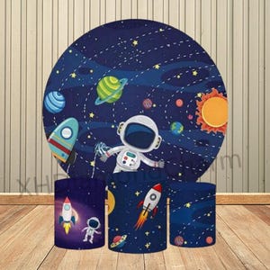 Banners de fondo de tela redondos para cumpleaños, astronauta espacial, cohete, fotografía, fondo para recién nacido de 1 año, decoración para fiesta de cumpleaños de niño