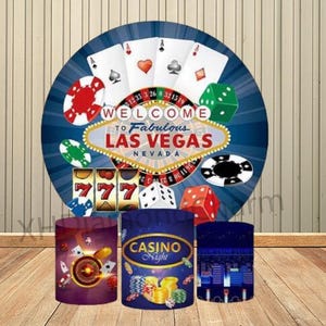 Fondo de fotografía circular con temática de naipes de casino y cubierta de pedestal personalizada para fiesta de cumpleaños de adultos