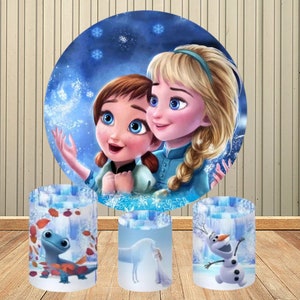 Frost Prinsessan Cirkel Rund Bakgrundsskydd Anna och Elsa Bakgrund Bordbanderoll Sockelskydd för Barnfödelsedagsfestdekor