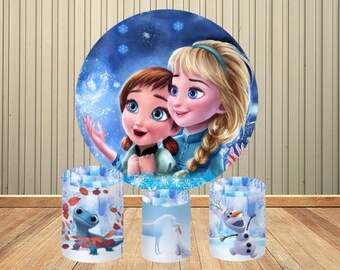Frozen Princess Circle Round Backdrop Cover Anna and Elsa Background Table Banner Plinth Cover for Kids Birthday Party Decor