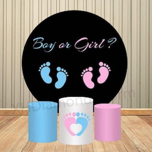 Tło ujawniające płeć, okrągłe, niebieskie, różowe, chłopięce lub dziewczęce, odcisk stopy, butelka mleka, dekoracja na przyjęcie Baby Shower, elastyczne tło