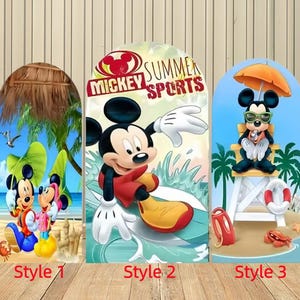 May include: Three arched display panels featuring Mickey Mouse graphics. The first shows Mickey and Minnie on a beach. The second displays Mickey surfing with the text Mickey Summer Sports. The third shows Mickey on a lifeguard chair with an umbrella.