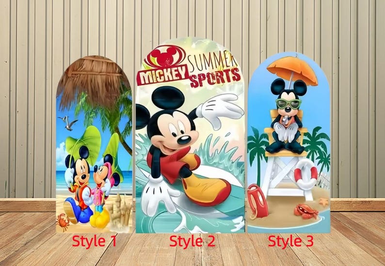 May include: Three arched display panels featuring Mickey Mouse graphics. The first shows Mickey and Minnie on a beach. The second displays Mickey surfing with the text Mickey Summer Sports. The third shows Mickey on a lifeguard chair with an umbrella.