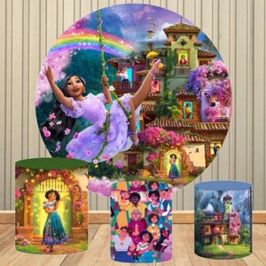 Cartoon Encanto Girls Birthday Round Backdrop Disney Custom Baby Shower Party Banner Circle Background Magic Whole House Cylinder Covers