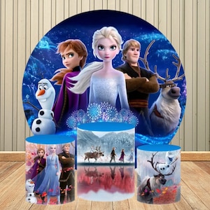 Frozen Princess Circle Round Backdrop Cover Anna and Elsa Background Table Banner Plinth Cover for Kids Birthday Party Decor