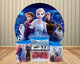 Frozen Princess Circle Round Backdrop Cover Anna and Elsa Background Table Banner Plinth Cover for Kids Birthday Party Decor