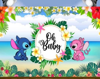 Stitch and Angel Gender Reveal Backdrop Summer Hawaii Baby Shower Banner for Party Decorations Supplies Photography Backdrops
