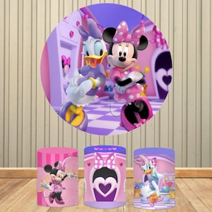 Cartoon Daisy Duck and Minnie Round Backdrop for Baby Shower Pink Happy Birthday Background Banner Kids Girls Birthday Party Decor