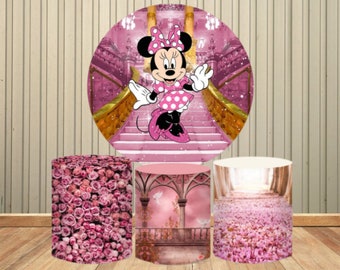 Pink Minnie Mouse Theme Round Backdrop Baby Shower Happy Birthday Party Decor Girl Party Supplies Decoration Customizable Background