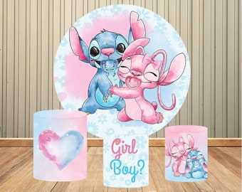 Lilo & Stitch Round Backdrop Cover Gender Reveal Party Supplies Decor Boy or Girl Baby Shower Party Circle Background Banner