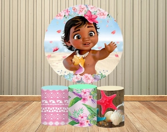 Round Backdrop Baby Moana Princess for Birthday Party Baby Shower Decorations Invitations Banner Wall Decor Photo Booth