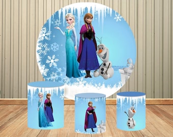 Snow Queen Frozen Elsa Anna Princess Round Backdrop for Photography Princess Birthday Photo Background Blue Circle Cover Pliths