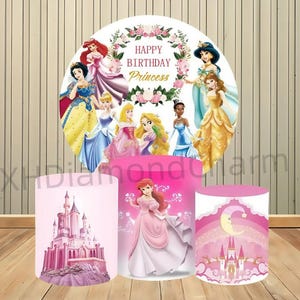 Cartoon Disney Castle Princess Round Backdrop Girl Circle Cover Photography Backdrop Children&#39;s Baby Happy Birthday Decor Cylinders Covers