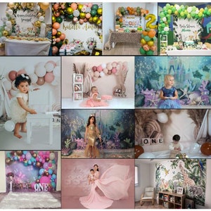 May include: A collage of images featuring various birthday party decorations and setups. The images include a green and gold balloon arch, a pink and white balloon arch, a blue and green castle backdrop, a pink and white mermaid backdrop, a green and brown jungle backdrop, and a pink and white floral backdrop. The images also feature various decorations such as balloons, streamers, and banners. The text in the images includes 'Happy Birthday yousel', 'Isabella Amay', 'Baby Shower Martin', 'ONE', and '2'. 