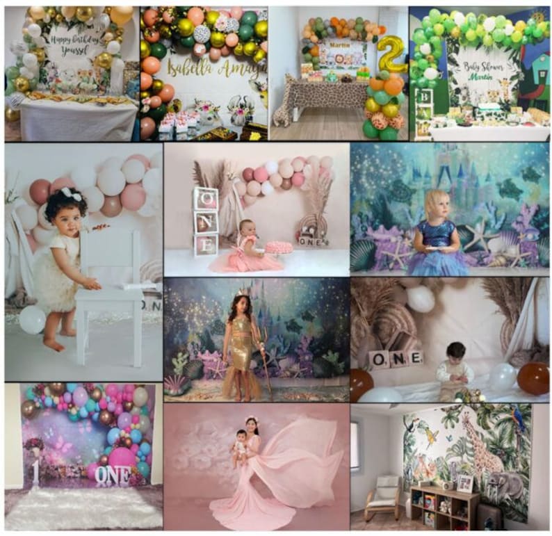 May include: A collage of images featuring various birthday party decorations and setups. The images include a green and gold balloon arch, a pink and white balloon arch, a blue and green castle backdrop, a pink and white mermaid backdrop, a green and brown jungle backdrop, and a pink and white floral backdrop. The images also feature various decorations such as balloons, streamers, and banners. The text in the images includes 'Happy Birthday yousel', 'Isabella Amay', 'Baby Shower Martin', 'ONE', and '2'. 