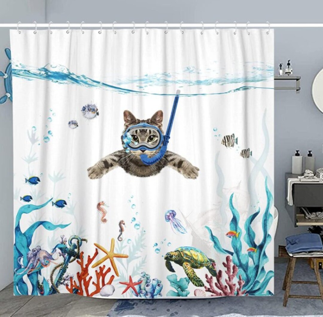RDRUVA Katzen Duschvorhang Mit Lustigen Sprüchen - Aquarell Cartoon Tiere, Wasserdicht, 180x180cm, Für Badezimmer Deko