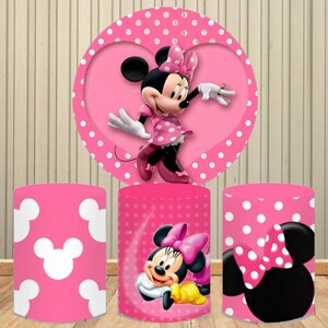 Cute Pink Baby Minnie Mouse Round Backdrop Cartoon Custom Girls 1st Birthday Party Decoration Banner Round Background Covers