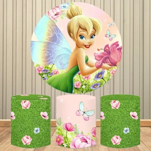 Fondo redondo de Hada de dibujos animados para fiesta de cumpleaños, fondo fotográfico verde, decoraciones para mesa de pastel de fiesta, cubierta de pedestal