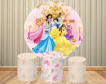 Disney Castle Princess Round Backdrop Cartoon Circle Cover Photography Backdrop Girl Happy Birthday Decor Cylinders Covers