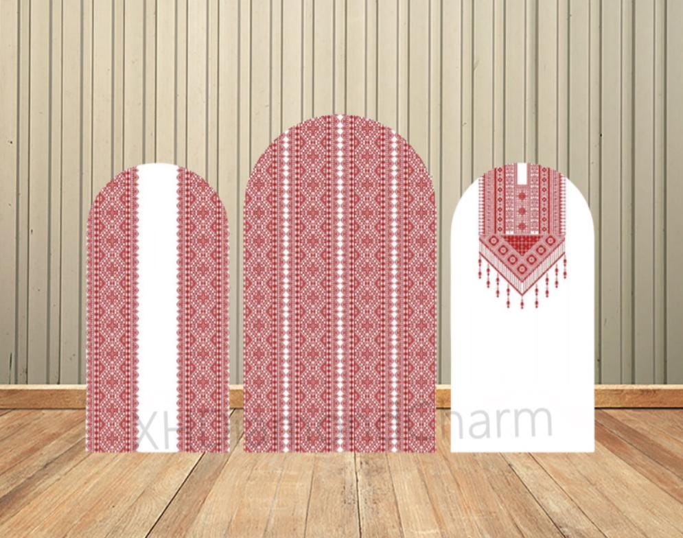 Red White Embroidery Arch Wall Backdrop Cover Henna Wedding Bride to Be Party Baby Shower Chiara 2-Sided Arch Background