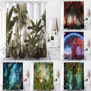 Forest Trees Leaves Landscape Shower Curtain with Hooks Art Bathroom Curtain 3D Printing Waterproof Fabric Curtain