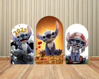 Fondo de arco de doble cara con dibujos de Lilo y Stitch, ideal para fotos de cumpleaños, personalizado, para baby shower, fiestas de cumpleaños, decoración y mucho más.