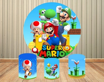 Super Mario Bros Round Backdrop Kids Boys Birthday Party Cartoon Cylinder Cover Decor Photography Background Elastic Banner