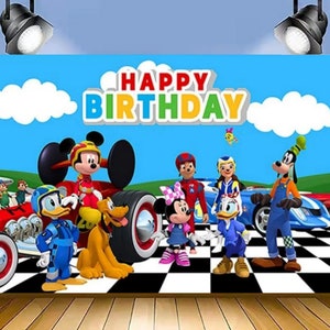 Niebieskie tło Mickey i Roadster Racers na dekoracje na przyjęcie urodzinowe, baner Mickey na przyjęcie z okazji narodzin dziecka