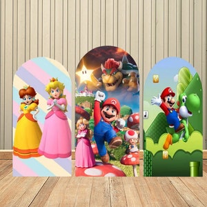 Fondo de pared con arco de doble cara de Super Mario Bros, Princesa Peach de dibujos animados, para recién nacido, Baby Shower, fiesta de cumpleaños, telón de fondo, suministros de decoración de pared