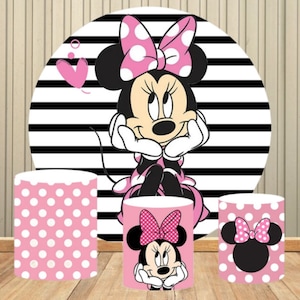 Cartoon Disney Minnie Mouse Round Cover Girl Birthday Backdrop Princess Birthday Baby Shower Pink Circle Cylinder Cover Photo Prop