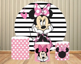 Cartoon Disney Minnie Mouse Round Cover Girl Birthday Backdrop Princess Birthday Baby Shower Pink Circle Cylinder Cover Photo Prop