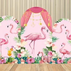 Double-Sided Arch Cover Backdrop Summer Palm Tree Flamingo Decoration Backdrop Baby Shower Arch Wall Kid Birthday Party Prom Studio