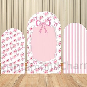 Pink Stripes Flowers Bow Custom Double-Sided Arch Backdrop Girl Birthday Party Baby Shower Cover Chiara Arch Background Studio Props Decor