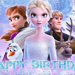 Puede incluir: Una tarjeta de cumplea&ntilde;os colorida con los personajes de la pel&iacute;cula Frozen. La tarjeta presenta a Elsa, Anna, Kristoff, Olaf y Sven. El texto "HAPPY BIRTHDAY" est&aacute; escrito en letras grandes de color azul.