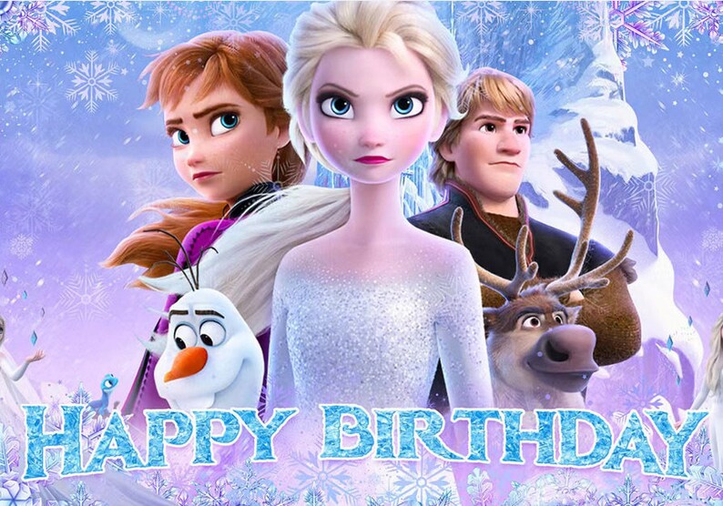 Puede incluir: Una tarjeta de cumplea&ntilde;os colorida con los personajes de la pel&iacute;cula Frozen. La tarjeta presenta a Elsa, Anna, Kristoff, Olaf y Sven. El texto "HAPPY BIRTHDAY" est&aacute; escrito en letras grandes de color azul.