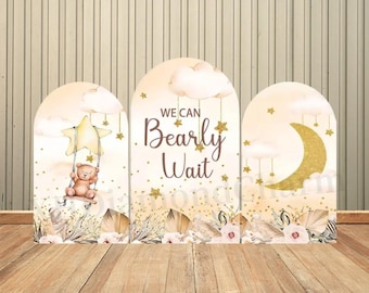 Babyparty gewölbte Wand Kulissenabdeckung Wir können Bären-Party Boho Blumen-Bär-Mond-Sterndekor elastische Hintergründe warten