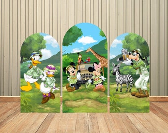 Disney Safari Mickey Minnie Arch Backdrop Cover for Kids Banner Donald Duck Wild One Birthday Party Background Elastic Fabric