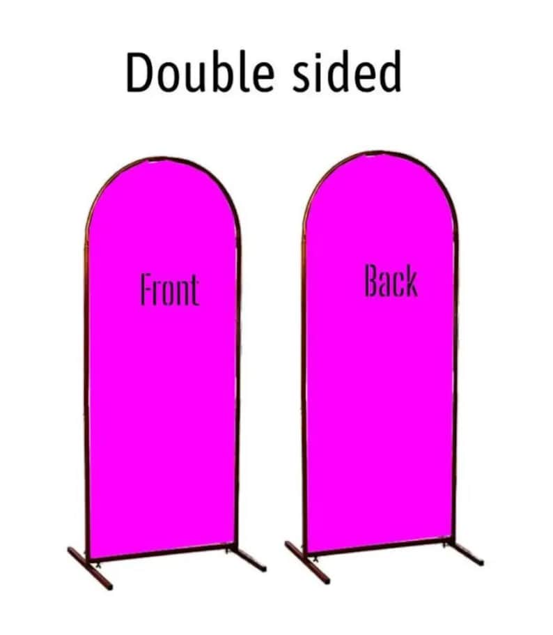 May include: Double-sided freestanding display stand with a pink fabric backdrop. The front side is labelled "Front" and the back side is labelled "Back".