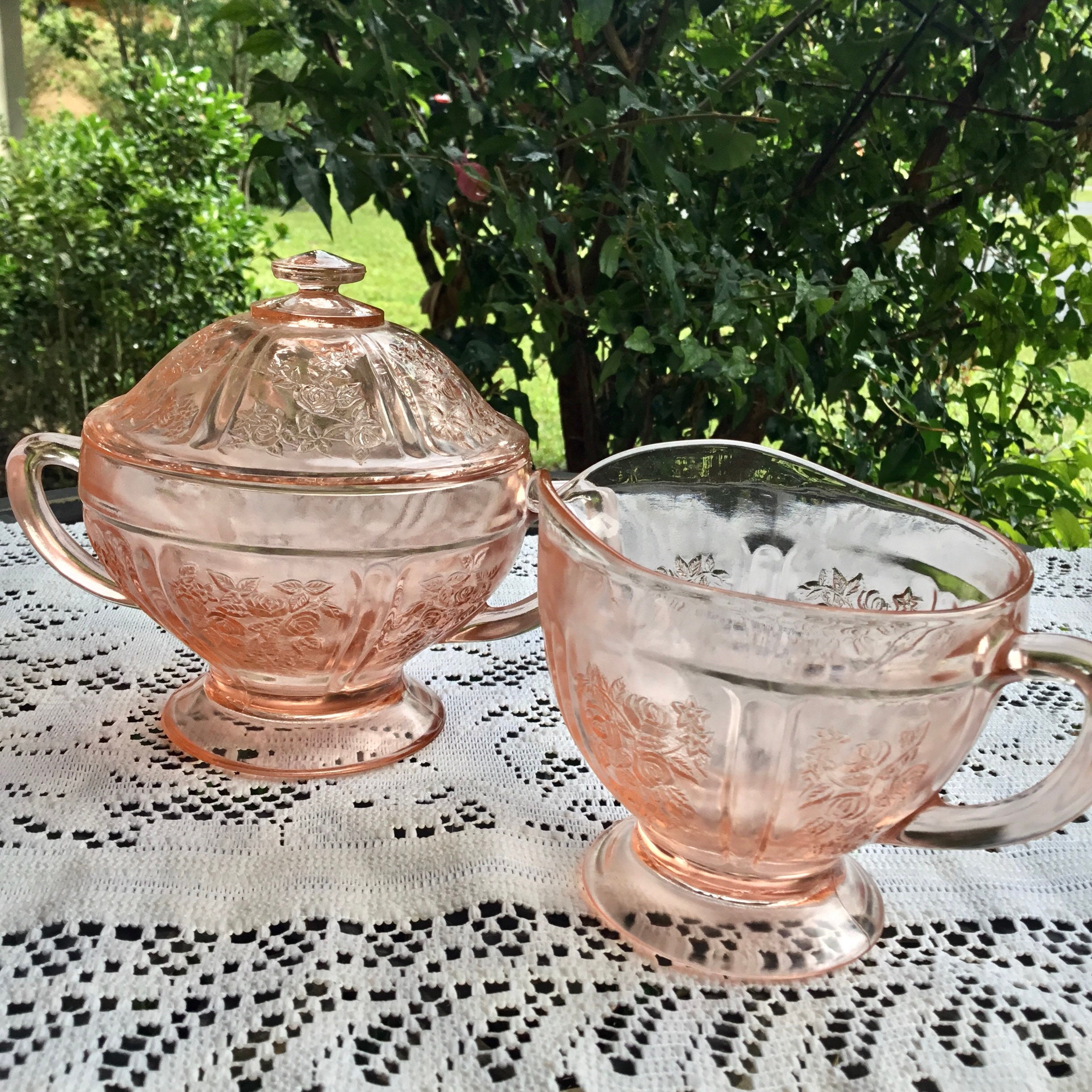 Pink Federal Glass Sugar Bowl and Creamer set. Cabbage Rose Etsy
